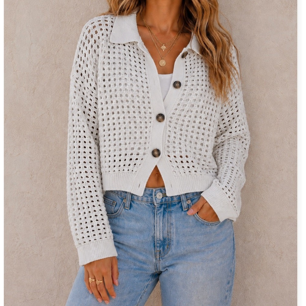 H&M Off White Open Knit Button Front Cardigan Polo Collar Sweater Womens Large